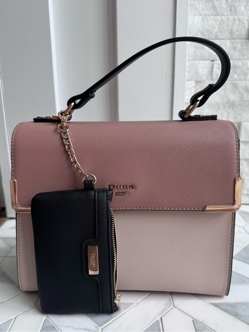 Dune London Colorblock Saffiano Satchel Tan Cream Black Gold Crossbody NWOT